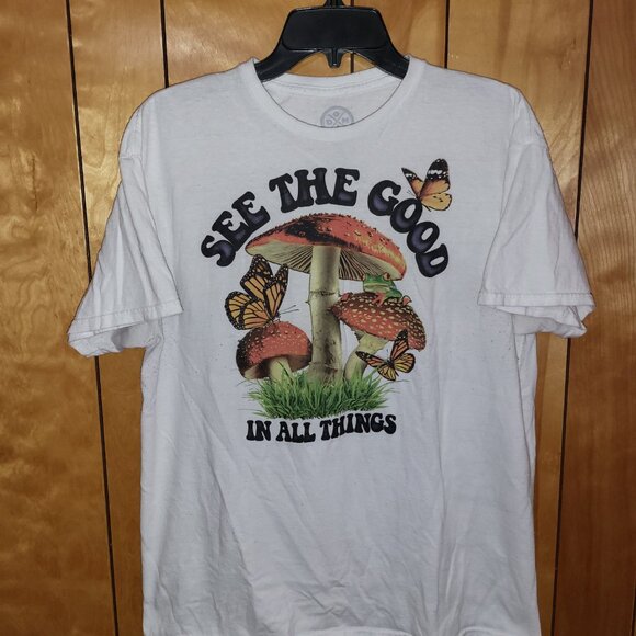 MUSHROOMS Shirt LARGE Short Sleeve See The Good In All Things Graphics White D1 - Picture 2 of 5